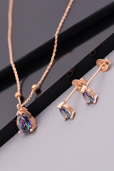 LINTERNA 925 Ayar Gümüş Mistik Topaz Renkli Dorikalı Damla Kolye Küpe Takı Seti