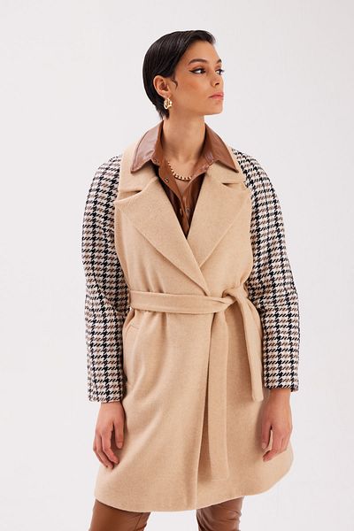 Sateen Houndstooth Belted Coat - Beige