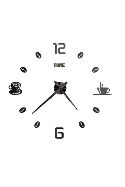 MİNAY HOME 3d Duvar Saati Kahve Fincan Mutfak Duvar Saati Siyah Renk Ahşap