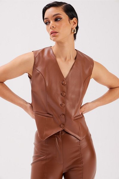 Sateen Button Detailed Leather Vest - Brown