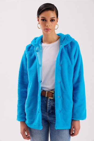 Sateen Lined Hooded Plush Coat - Blue