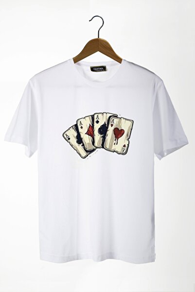 COLLIE Tricou de bază din bumbac, unisex, alb, imprimat cu hârtie de joc