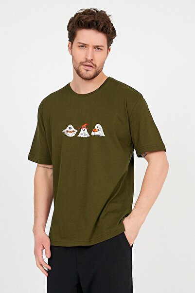 TA COLLECTİON تي شيرت قطني كبير الحجم مطبوع عليه شبح أمامي كاكي للجنسين