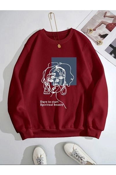 MOONBULL Unisex Claret Red Beauty Printed Crew Neck Sweathsirt