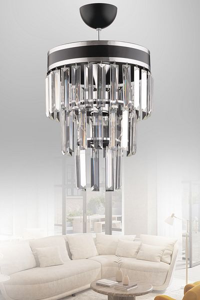KUZEY AYDINLATMA Çağla Single Black Three Layer Crystal Modern Lighting
