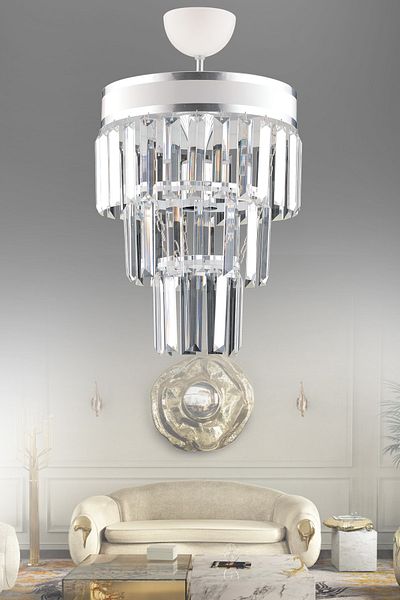KUZEY AYDINLATMA Çağla Single White Three-Layer Crystal Chandelier
