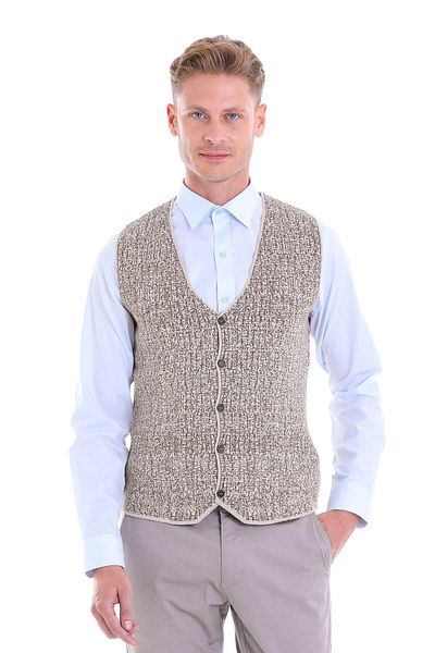 Hatemoğlu Beige Comfort Fit Patterned V-Neck Wool Classic Knitwear Vest