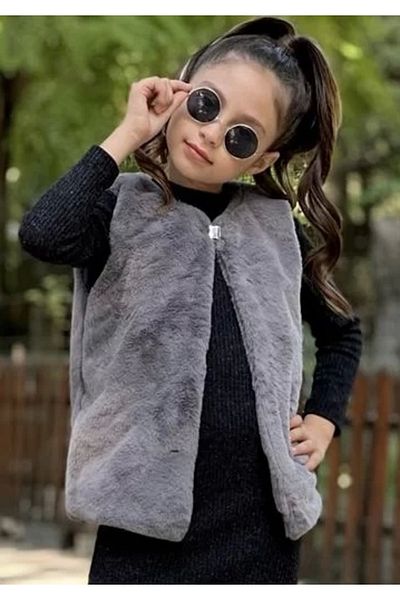 MELODY Gray Color Faux Rabbit Fur Vest