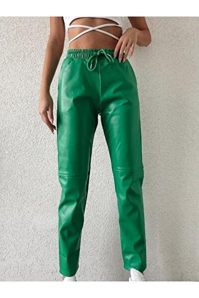 ORZUQLIFE Pantaloni din piele cu dantelă în talie