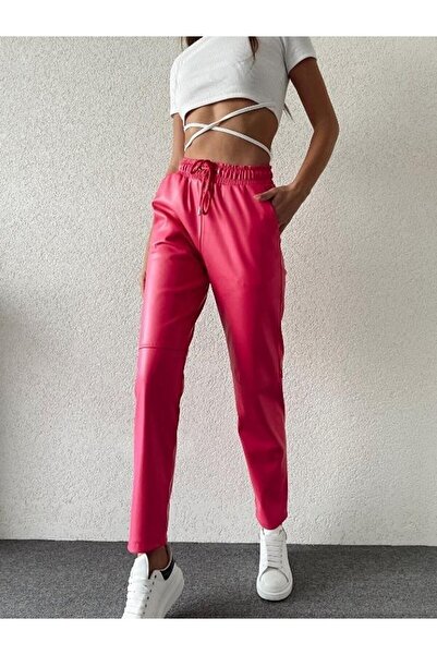 ORZUQLIFE Δερμάτινο παντελόνι με λεπτομέρεια ραφής με δαντέλα στη μέση