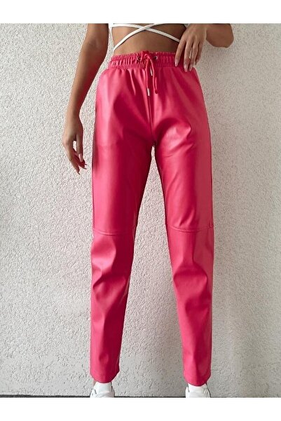 ORZUQLIFE Δερμάτινο παντελόνι με λεπτομέρεια ραφής με δαντέλα στη μέση