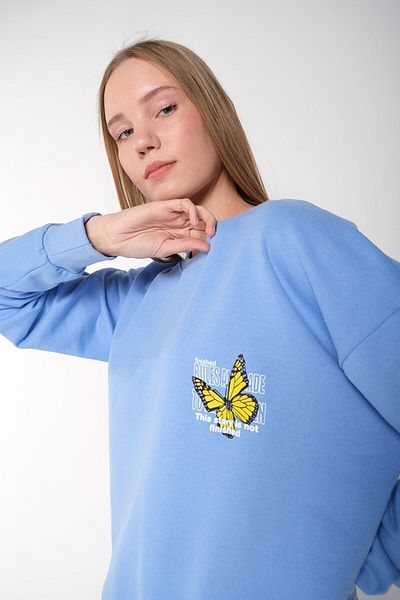 MODAGEN Hanorac oversize pentru damă, albastru, galben, cu imprimeu cu fluturi