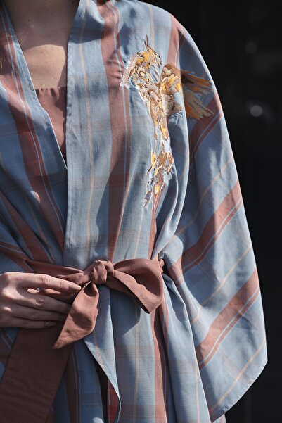 nb nuba company Anka Ekose Nakış Detaylı Kimono Panço