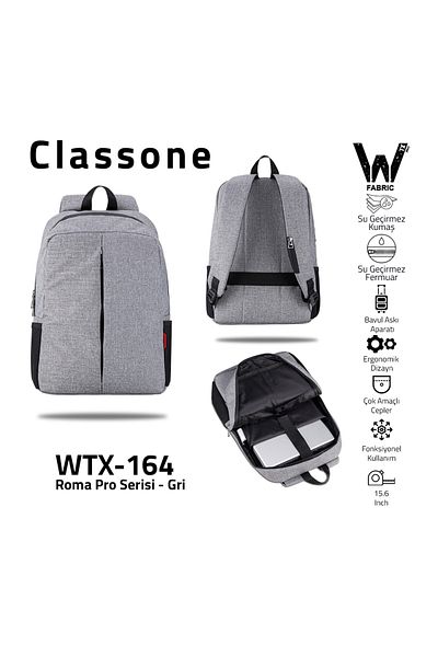 Classone Wtx-164 Wtxpro Series 15.6 بوصة قماش مقاوم للماء وسحاب كمبيوتر محمول، حقيبة ظهر للكمبيوتر المحمول - رمادي