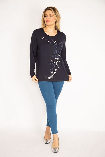 Şans Women's Large Size Navy Blue Print Detailed Viscose Blouse 65n30457