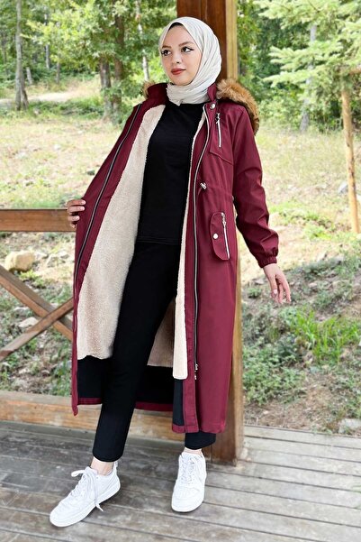 Modamihram Kapüşonlu Fermuarlı Mont Bordo 10349