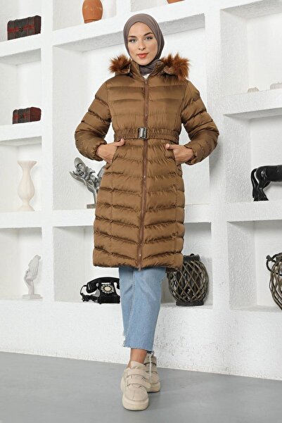 Modamihram Kürk Kapşonlu Şişme Mont Taba 9467