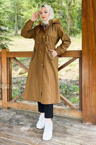 Modamihram Hooded Zippered Coat Tan 10349
