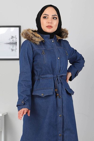 Modamihram Zipper Detailed Denim Coat Blue 9735