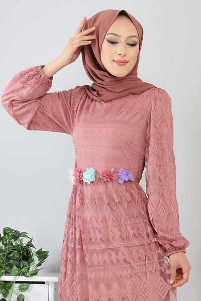 Modamihram Belt Floral Dress Dusty Rose 10241