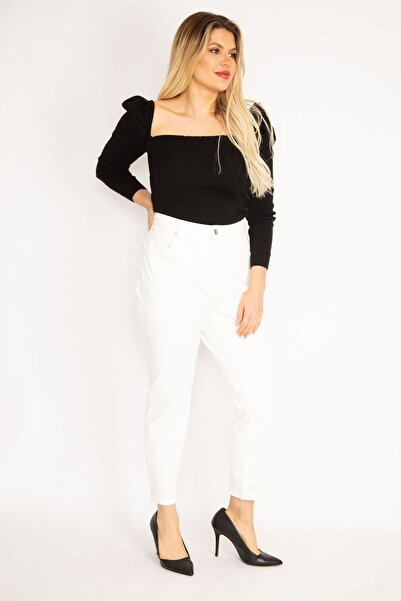 Şans Women's Large Size Bone High Waist Lycra 5 Pocket Jeans 65n35266