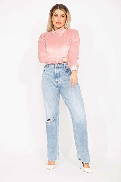 Şans Γυναικείο μεγάλου μεγέθους μπλε τζιν με σχισμένο ψηλόμεσο τζιν 65n35284