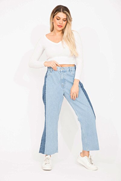 Şans Women's Large Size Blue Color Combination Jeans Trousers 65n35261