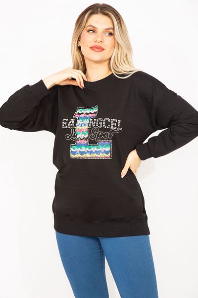 Şans Women's Large Size Black Stone Detailed Sweatshirt 65n35308
