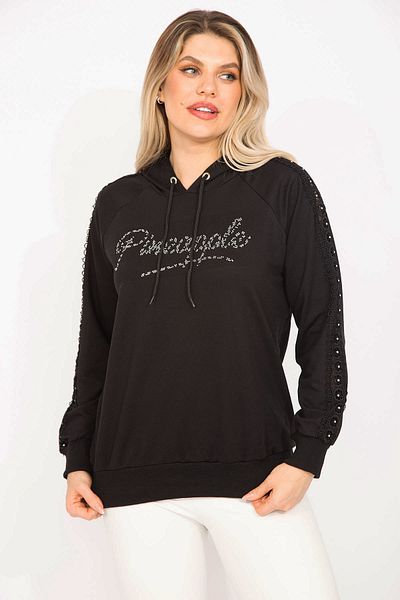 Şans Women's Large Size Black Stone and Lace Detailed Hooded Sweatshirt 65n35309