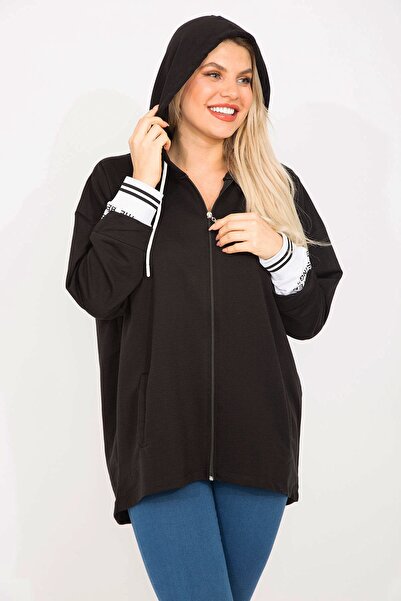 Şans Women's Large Size Black Sleeve Detailed Sweatshirt 65n35307