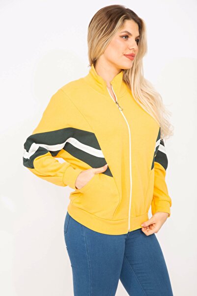 Şans Women's Large Size Yellow 2 Thread Fabric Front Zipper and Stripe Detailed Sweatshirt 65n35299