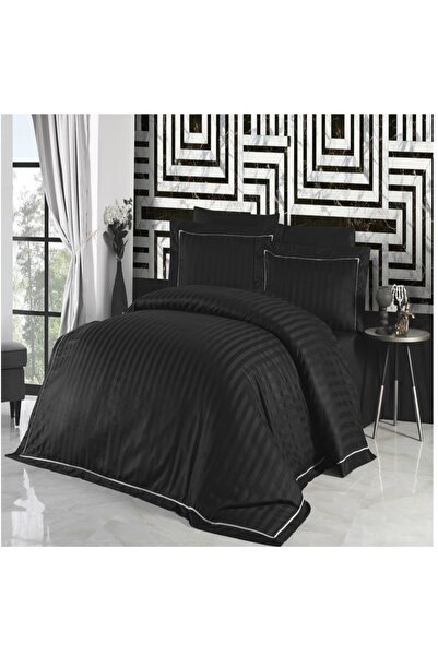 METİNEV Double Cotton Satin Black Striped and Cream Striped Duvet Cover Set