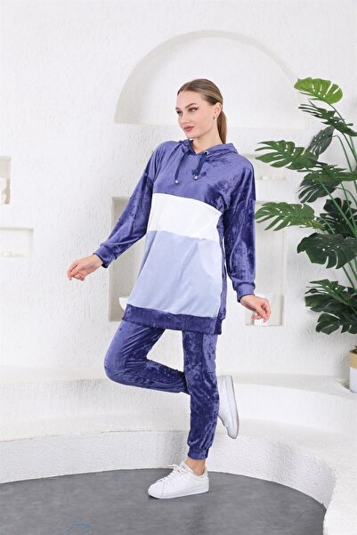 WestBound French Velvet Women's Hooded Tracksuit Set - Navy Blue