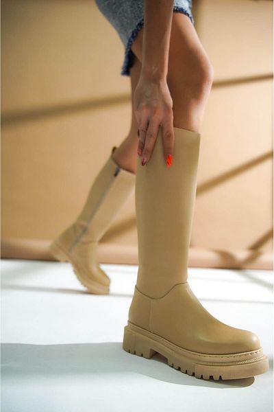 DİVOLYA Blanca Nude Leather Pull Daily Γυναικείες Μπότες