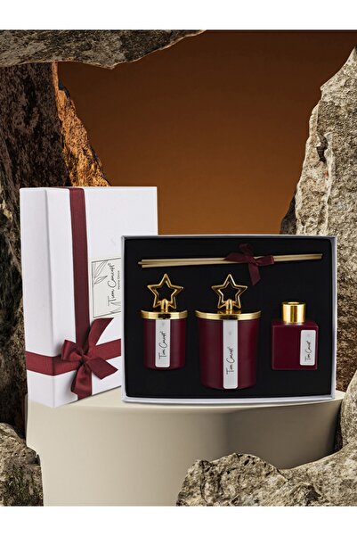 Tiem Concept Özel Tasarım Kutulu Amber Kokulu Gold Tepelikli 3lü Bardak Mum Ve Oda Koku Seti