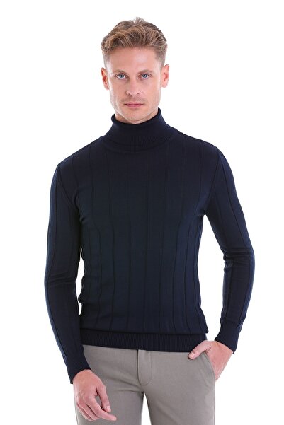 Hatemoğlu Navy Blue Comfort Fit Ribbed Turtleneck Woolen Sweater