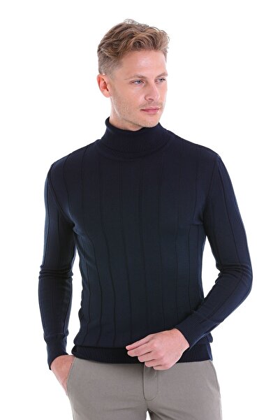 Hatemoğlu Navy Blue Comfort Fit Ribbed Turtleneck Woolen Sweater