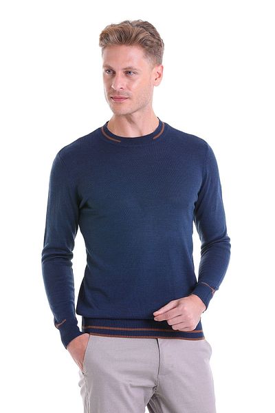 Hatemoğlu Indigo Comfort Fit Patterned Crew Neck Wool Sweater