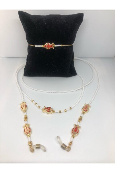 CHIC سلسلة نظارات من الخرز الأبيض وقلادة وسلسلة على شكل سمكة ذات عظمة حمراء ذ...