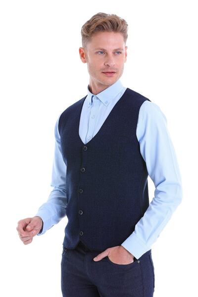 Hatemoğlu Синій Comfort Fit з візерунком, V-подібний виріз, вовняний класичний трикотажний жилет