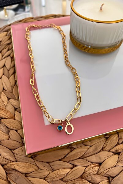 Trendy Butik Letter Ö and Evil Eye Hanging Paper Clip Chain Necklace