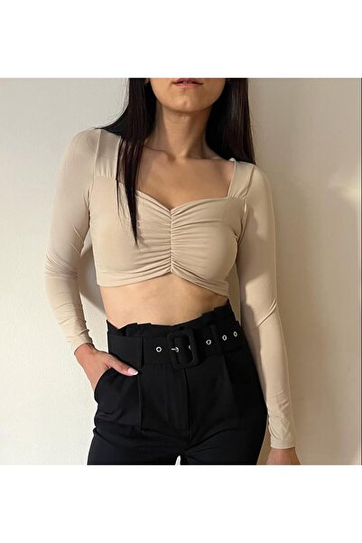 Boutique Bordo Kadın Ön Büzgü Havuz Yaka Polyemit Crop Bluz