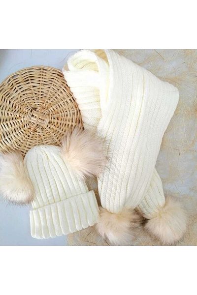 aryakids Bebeluş Fetiţă Copil Pompon Iarnă Eşarfă Beanie Set Cremă