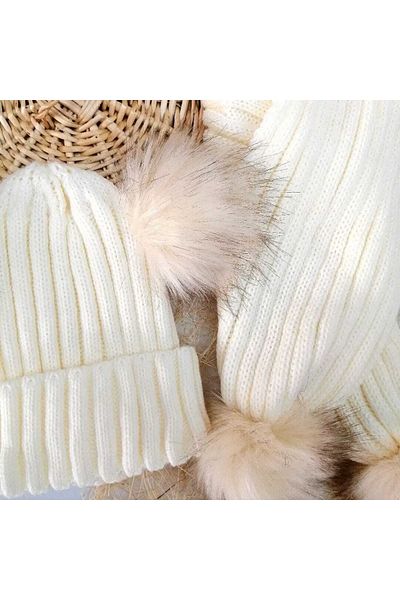 aryakids Bebeluş Fetiţă Copil Pompon Iarnă Eşarfă Beanie Set Cremă