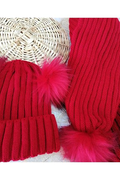aryakids Baby Girl Children's Pompom Winter Scarf Beanie Set Red