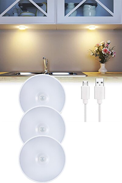 Technojet 3 Adet Usb Ile Şarj Edilebilir Akıllı Hareket Sensörlü Kablosuz Spot Led Lamba Sarı Işık