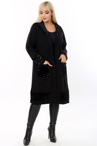 Kheos Hooded Pocket Sequin Detailed Belted Long Sleeve Cardigan