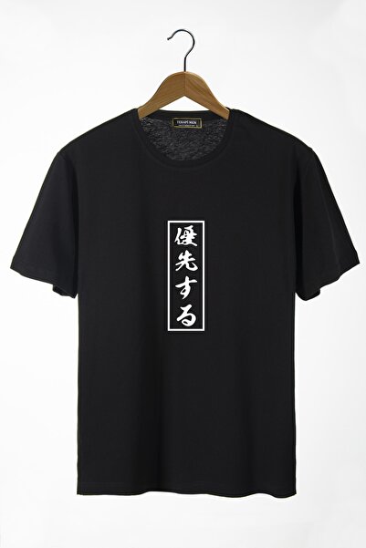 COLLIE Tricou unisex negru din bumbac, cu imprimeu cu litere japoneze, cu gât...