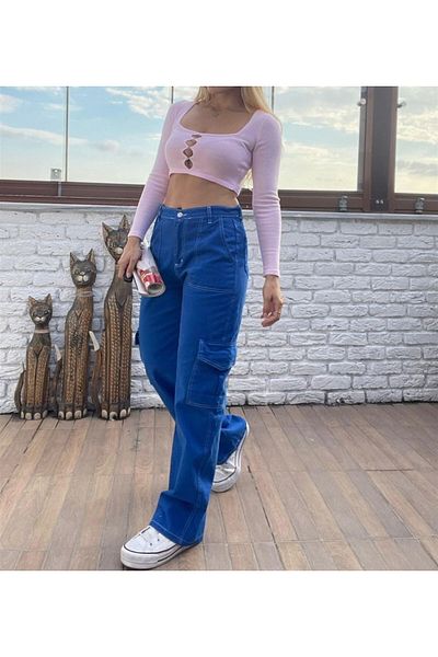 Touz Pantaloni cargo cu cusătură inversă Sax Blue Df Y2k