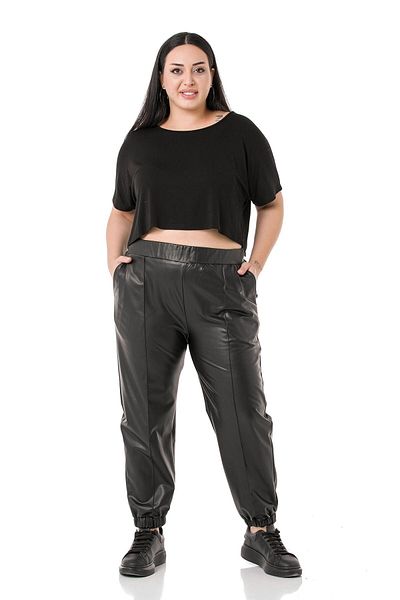 DISENTIS MODEST Plus Size Black Leather Trousers with Elastic Waist and Pockets